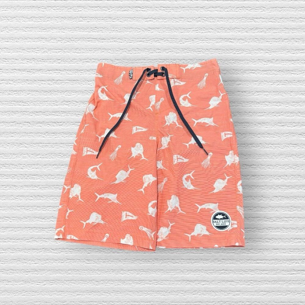 Salt Life YM Board Shorts SLXQD Vapor Stretch Swim Trunks Orange Fish
